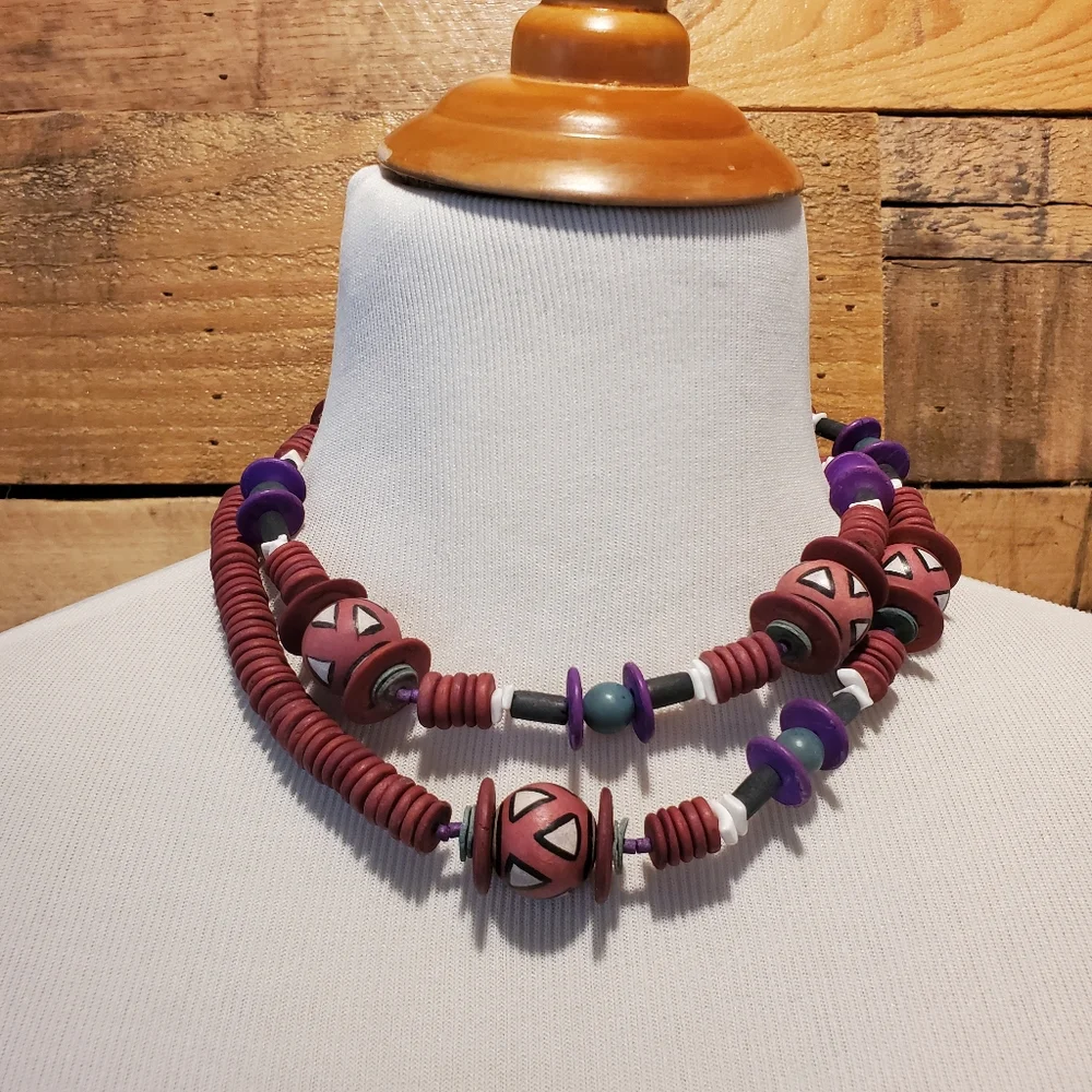 African inspired long wooden bead necklace in maroon, purple & green